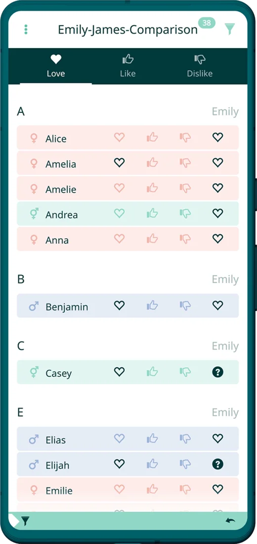 Baby name app - Partner comparison