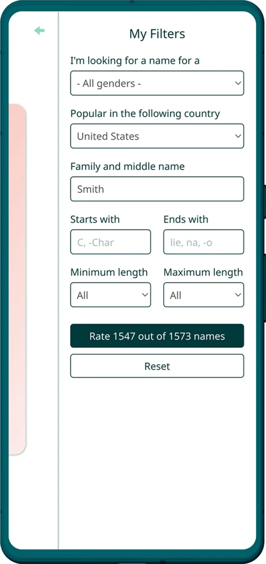Baby name app - Helpful filters
